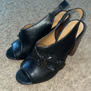 COACH black peep toe buckle Slingback stacked heals